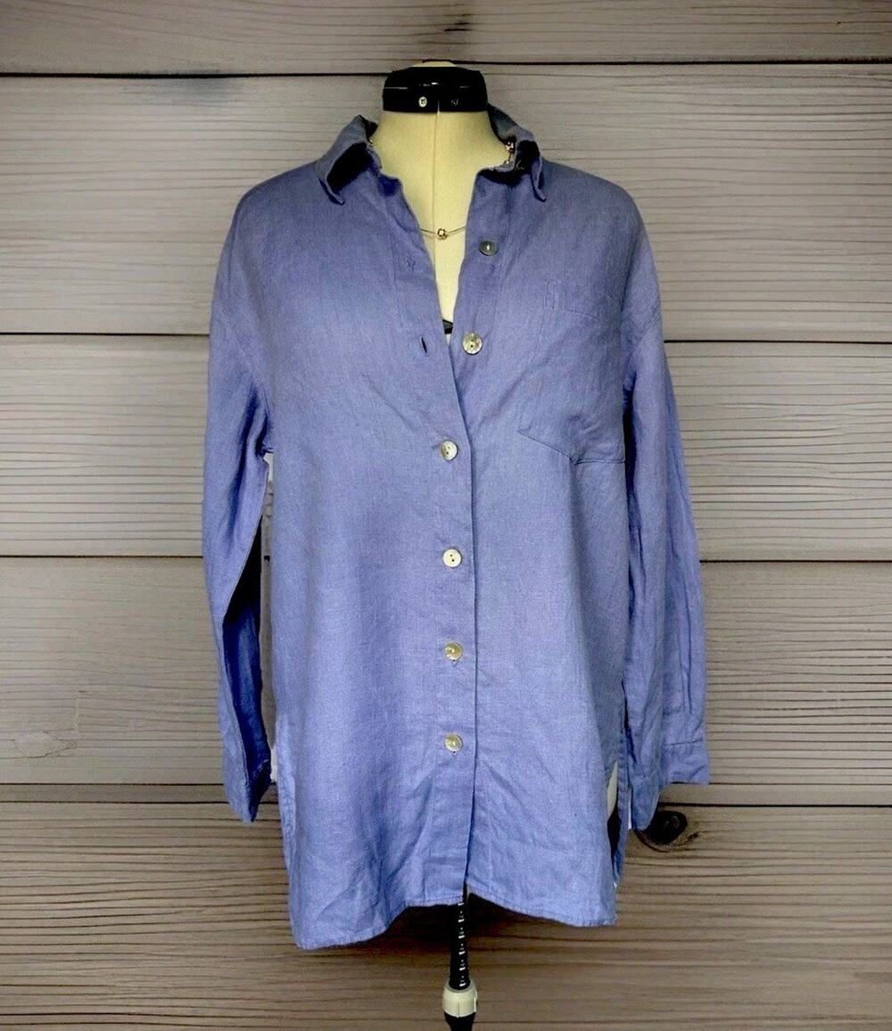 Chico’s Design Relaxed Casual Linen Shirt Women’s Medium Size 1 Coastal Chic